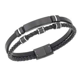 Βραχιόλι διπλό Senza Men&#039;s Steel, BLack Leather Strap, με μαύρη ταυτότητα και μαύρα / ασημί στοιχεία