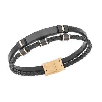 Βραχιόλι διπλό Senza Men&#039;s Steel, Black Leather Strap, με μαύρη ταυτότητα και μαύρα / χρυσά στοιχεία
