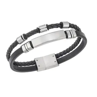 Βραχιόλι διπλό Senza Men&#039;s Steel, Black Leather Strap, με ασημί ταυτότητα και ασημί στοιχεία