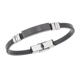 Βραχιόλι Senza Men&#039;s Steel, Βlack Leather Strap, με μαύρη ταυτότητα και ασημί / μαύρα στοιχεία