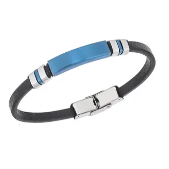 Βραχιόλι Senza Men&#039;s Steel, Βlack Leather Strap, με μπλε ταυτότητα και ασημί / μπλε στοιχεία