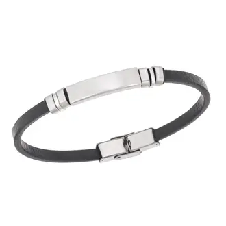 Βραχιόλι Senza Men&#039;s Steel, Βlack Leather Strap, με ασημί ταυτότητα και ασημί στοιχεία