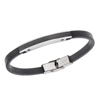 Βραχιόλι Senza Men&#039;s Steel, Βlack Leather Strap, με ασημί &amp; μαύρη ταυτότητα