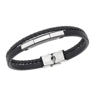 Βραχιόλι διπλό Senza Men&#039;s Steel, Βlack Leather Strap, με ασημί &amp; μαύρη ταυτότητα