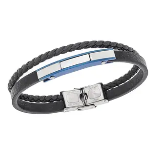Βραχιόλι διπλό Senza Men&#039;s Steel, Βlack Leather Strap, με ασημί &amp; μπλε ταυτότητα