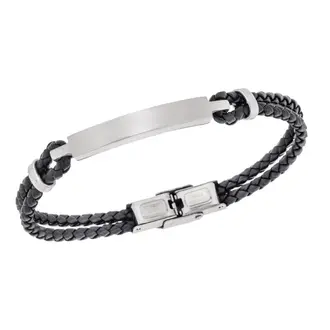 Βραχιόλι Senza Men&#039;s Steel, Βlack Leather Strap, με ασημί ταυτότητα