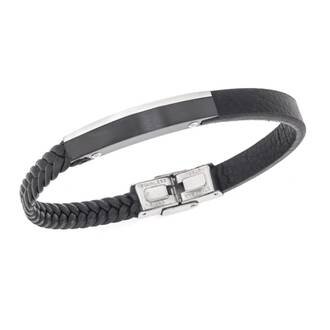 Βραχιόλι Senza Men&#039;s Steel, Βlack Leather Strap, με μαύρη &amp; ασημί ταυτότητα