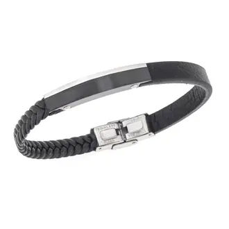 Βραχιόλι Senza Men&#039;s Steel, Βlack Leather Strap, με μαύρη &amp; ασημί ταυτότητα