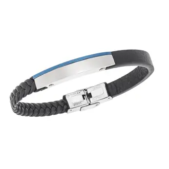 Βραχιόλι Senza Men&#039;s Steel, Βlack Leather Strap, με μπλε &amp; ασημί ταυτότητα