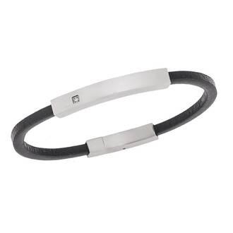 Βραχιόλι Senza Men&#039;s Steel, Βlack Leather Strap, με ασημί ταυτότητα και πέτρα
