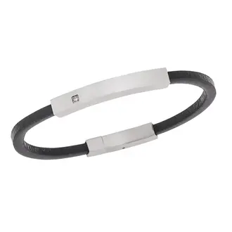 Βραχιόλι Senza Men&#039;s Steel, Βlack Leather Strap, με ασημί ταυτότητα και πέτρα