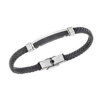 Βραχιόλι Senza Men&#039;s Steel, Βlack Leather Strap, με δίχρωμη ταυτότητα