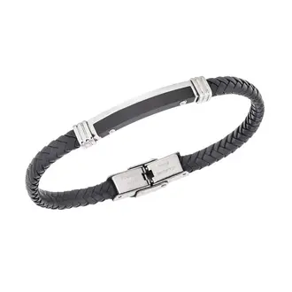 Βραχιόλι Senza Men&#039;s Steel, Βlack Leather Strap, με δίχρωμη ταυτότητα