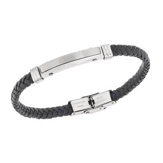 Βραχιόλι Senza Men&#039;s Steel, Βlack Leather Strap, με ασημί ταυτότητα