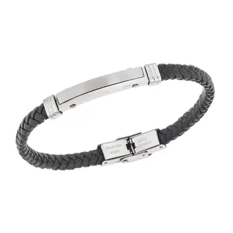 Βραχιόλι Senza Men&#039;s Steel, Βlack Leather Strap, με ασημί ταυτότητα
