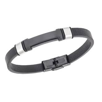 Βραχιόλι Senza Men&#039;s Steel, Βlack Leather Strap, με μαύρη ταυτότητα