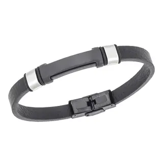 Βραχιόλι Senza Men&#039;s Steel, Βlack Leather Strap, με μαύρη ταυτότητα