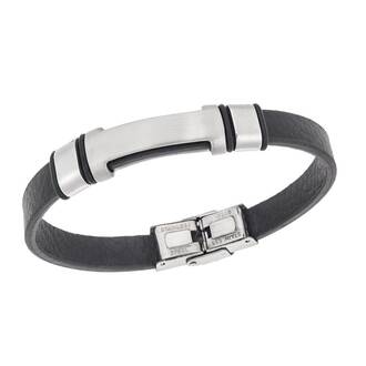 Βραχιόλι Senza Men&#039;s Steel, Βlack Leather Strap, με ασημί ταυτότητα