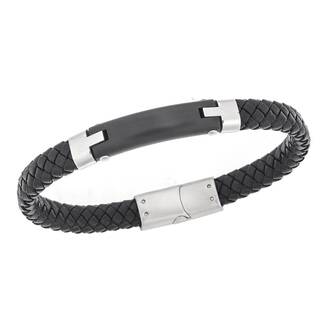 Βραχιόλι Senza Men&#039;s Steel, Βlack Leather Strap, με μαύρη ταυτότητα