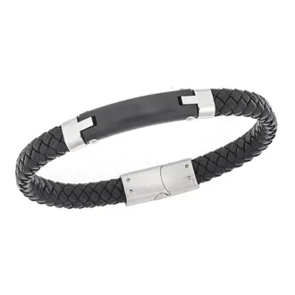 Βραχιόλι Senza Men&#039;s Steel, Βlack Leather Strap, με μαύρη ταυτότητα