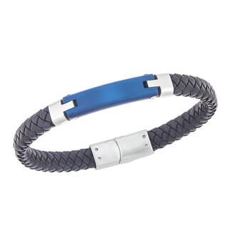 Βραχιόλι Senza Men&#039;s Steel, Βlack Leather Strap, με μπλε ταυτότητα