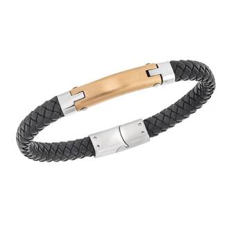 Βραχιόλι Senza Men&#039;s Steel, Βlack Leather Strap, με χρυσή ταυτότητα