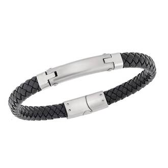 Βραχιόλι Senza Men&#039;s Steel, Βlack Leather Strap, με μαύρη ταυτότητα