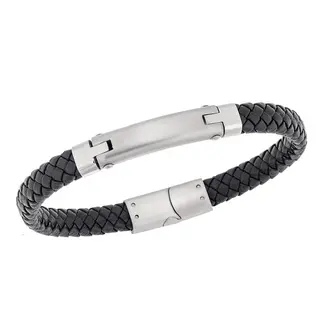 Βραχιόλι Senza Men&#039;s Steel, Βlack Leather Strap, με μαύρη ταυτότητα