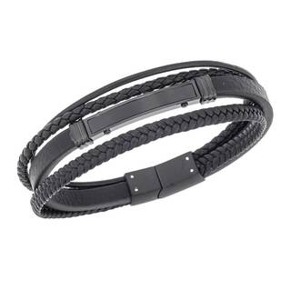 Βραχιόλι τετραπλό Senza Men&#039;s Steel, Black Leather Strap, με μαύρη ταυτότητα
