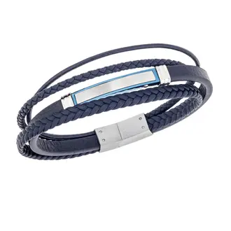 Βραχιόλι τετραπλό Senza Men&#039;s Steel, Blue Leather Strap, με δίχρωμη ταυτότητα
