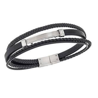 Βραχιόλι τετραπλό Senza Men&#039;s Steel, Black Leather Strap, με ασημί ταυτότητα
