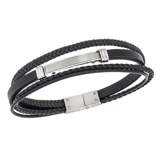 Βραχιόλι τετραπλό Senza Men&#039;s Steel, Black Leather Strap, με ασημί ταυτότητα