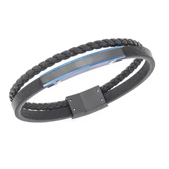 Βραχιόλι διπλό Senza Men&#039;s Steel, Black Leather Strap, με δίχρωμη ταυτότητα