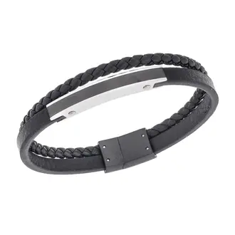 Βραχιόλι διπλό Senza Men&#039;s Steel, Black Leather Strap, με δίχρωμη ταυτότητα