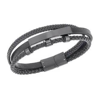 Βραχιόλι τριπλό Senza Men&#039;s Steel, Black Leather Strap, με μαύρη ταυτότητα