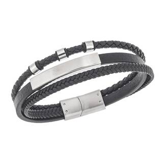 Βραχιόλι τριπλό Senza Men&#039;s Steel, Black Leather Strap, με ασημί ταυτότητα