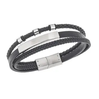 Βραχιόλι τριπλό Senza Men&#039;s Steel, Black Leather Strap, με ασημί ταυτότητα