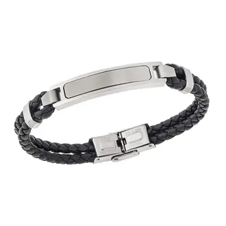 Βραχιόλι διπλό Senza Men&#039;s Steel, Black Leather Strap, με ασημί ταυτότητα