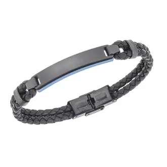 Βραχιόλι διπλό Senza Men&#039;s Steel, Black Leather Strap, με δίχρωμη ταυτότητα