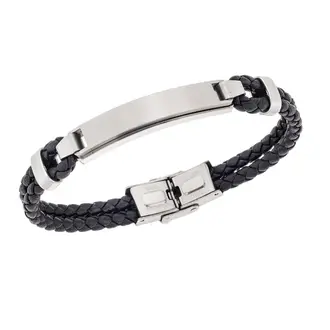 Βραχιόλι διπλό Senza Men&#039;s Steel, Black Leather Strap, με ασημί ταυτότητα