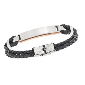 Βραχιόλι διπλό Senza Men&#039;s Steel, Black Leather Strap, με δίχρωμη ταυτότητα