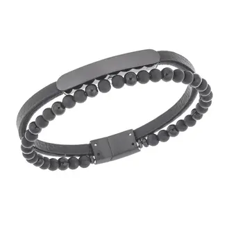 Βραχιόλι διπλό Senza Men&#039;s Steel, Black Leather Strap, με μαύρη ταυτότητα