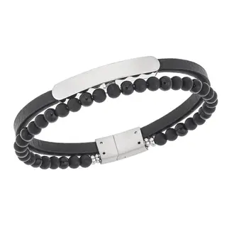 Βραχιόλι διπλό Senza Men&#039;s Steel, Black Leather Strap, με ασημί ταυτότητα