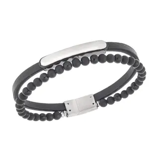Βραχιόλι διπλό Senza Men&#039;s Steel, Black Leather Strap, με δίχρωμη ταυτότητα