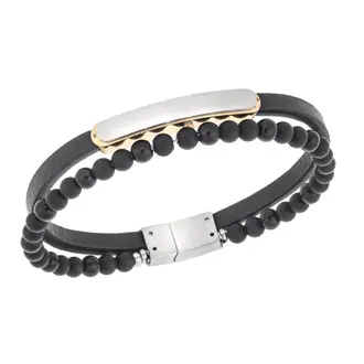 Βραχιόλι διπλό Senza Men&#039;s Gold Plated Steel, Black Leather Strap, με δίχρωμη ταυτότητα