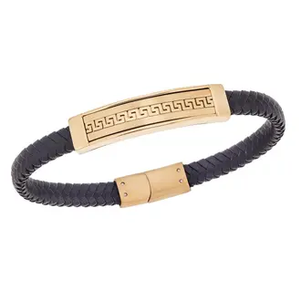 Βραχιόλι Senza Men&#039;s Gold Plated Steel &amp; Black Leather Strap, με Μαίανδρο