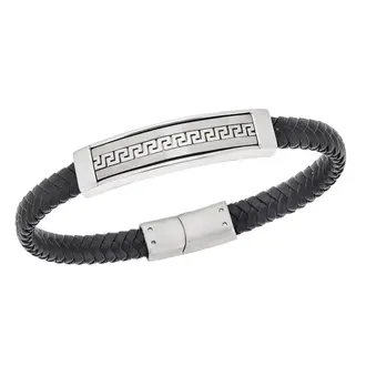 Βραχιόλι Senza Men&#039;s Steel Black Leather Strap, με Μαίανδρο