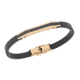 Βραχιόλι Senza Men&#039;s Gold Plated Steel Black Leather Strap, με Μαίανδρο