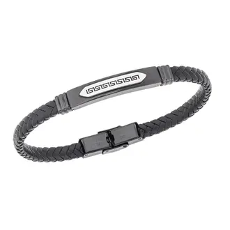 Βραχιόλι Senza Men&#039;s Steel Black Leather Strap, με Μαίανδρο