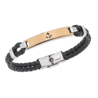 Βραχιόλι Senza Men&#039;s Gold Plated Steel, Black Leather Strap With Anchor